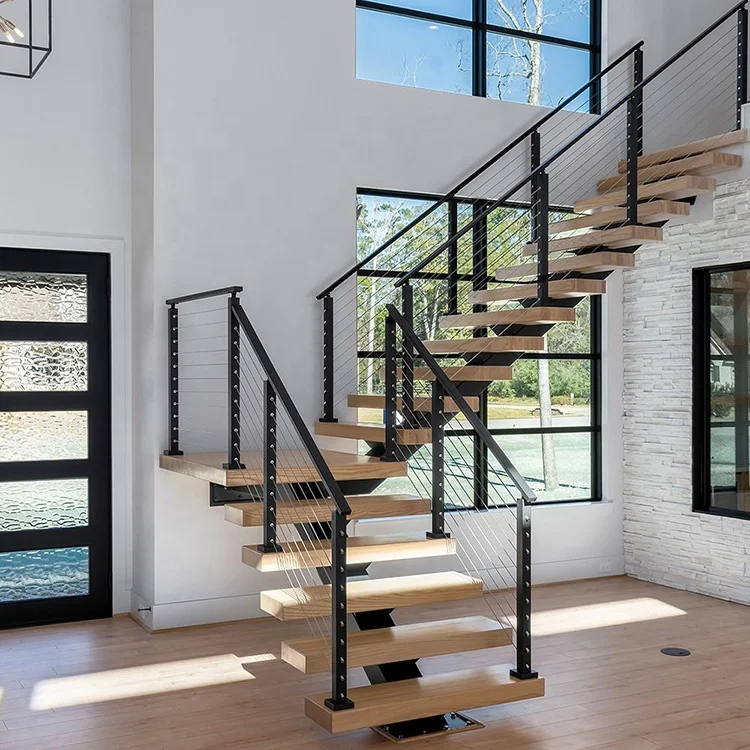Customization Support Modern Glass Railing Wood Stairs