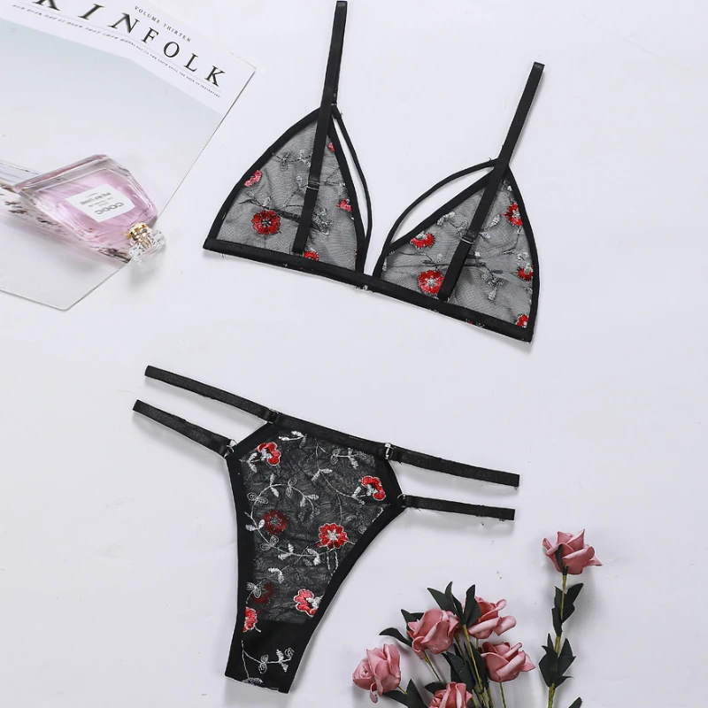 Underwear Sexy Suit Transparent Bra Female 2 Pieces Floral Embroidery Underwear Suit Lace Without Steel Support Bra S-XL