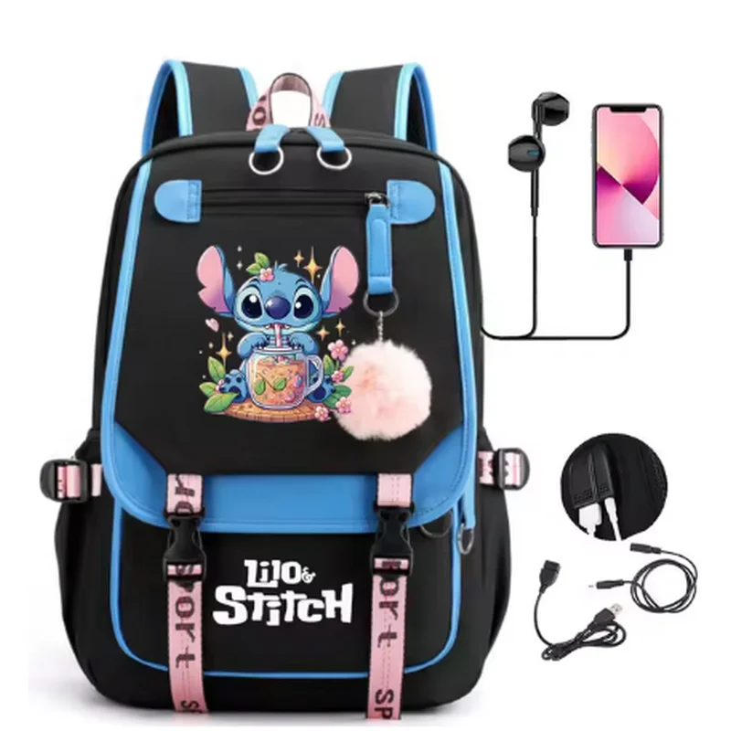 Mochilas escolares Disney Lilo Stitch, Mochilas Unisex con capacidad para ordenador portátil para mujeres y hombres, Bolsas de viaje grandes para niñas y estudiantes, Mochilas con carga USB de retazos