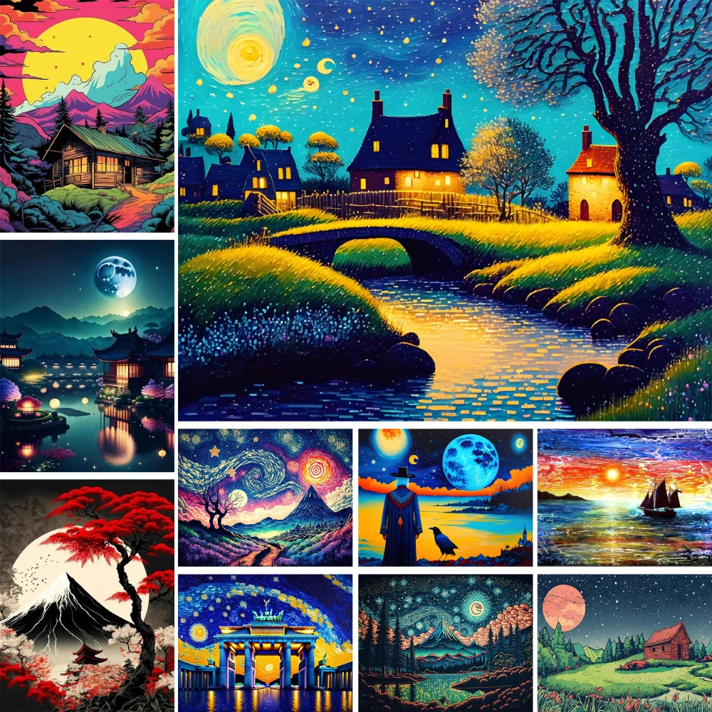 Landscape Moon Night Printed Canvas Cross-Stitch DIY Embroidery Set Painting Sewing Handiwork Needlework Package Gift Home Decor