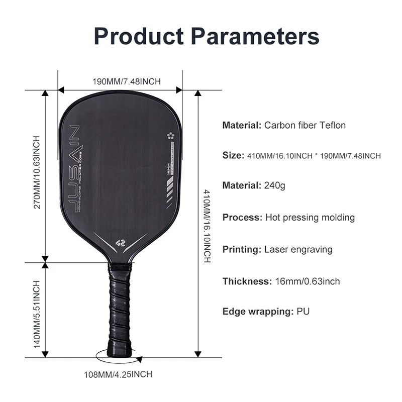 New 16MM Thickness Hot Pressed Integrated PTFE Cloth Pattern Frosted Surface PP Honeycomb Core Carbon Fiber Pickleball Paddle