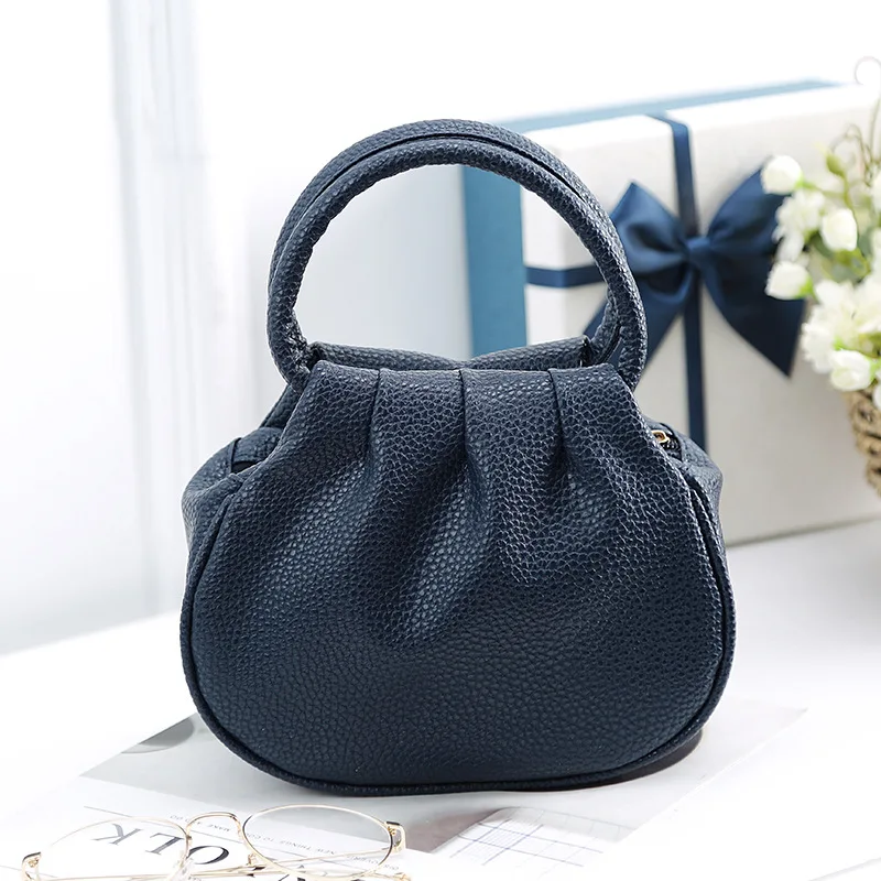 

Versatile Retro Women's Round Handbag Elegant Solid Color Shopping Tote Bag High Capacity PU Leather Coin Purse for Women