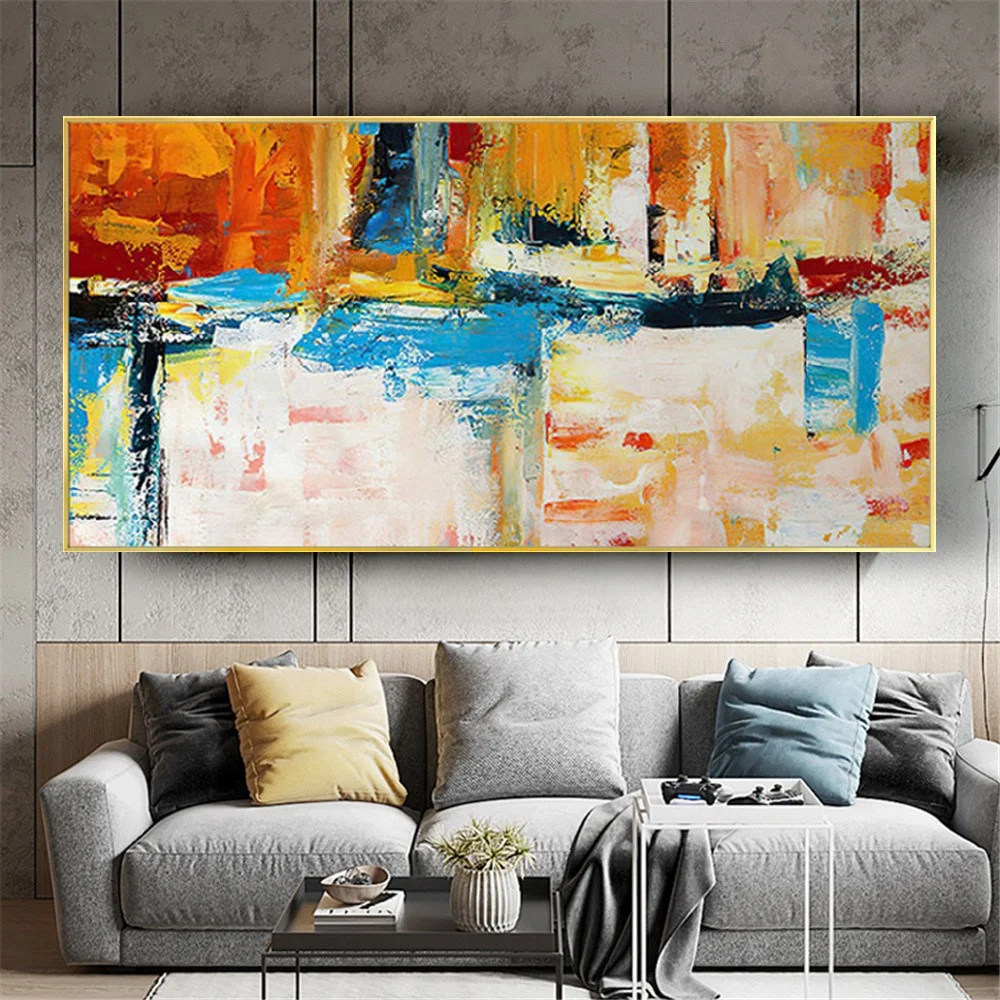 

100% Handmade Canvas Art Paint Abstract Colorful Orange Blue Grey Thick Landscape Oil Painting Decor Living Room Porch Entrance