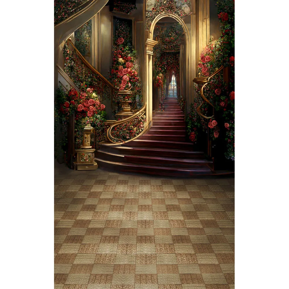 รอยัลพาเลซพื้นหลังดอกไม้บันไดพรมแดงสำหรับผู้หญิงที่มีเสน่ห์ฉากหลังสำหรับถ่ายรูปอุปกรณ์ประกอบฉากถ่ายรูปแบบมืออาชีพ