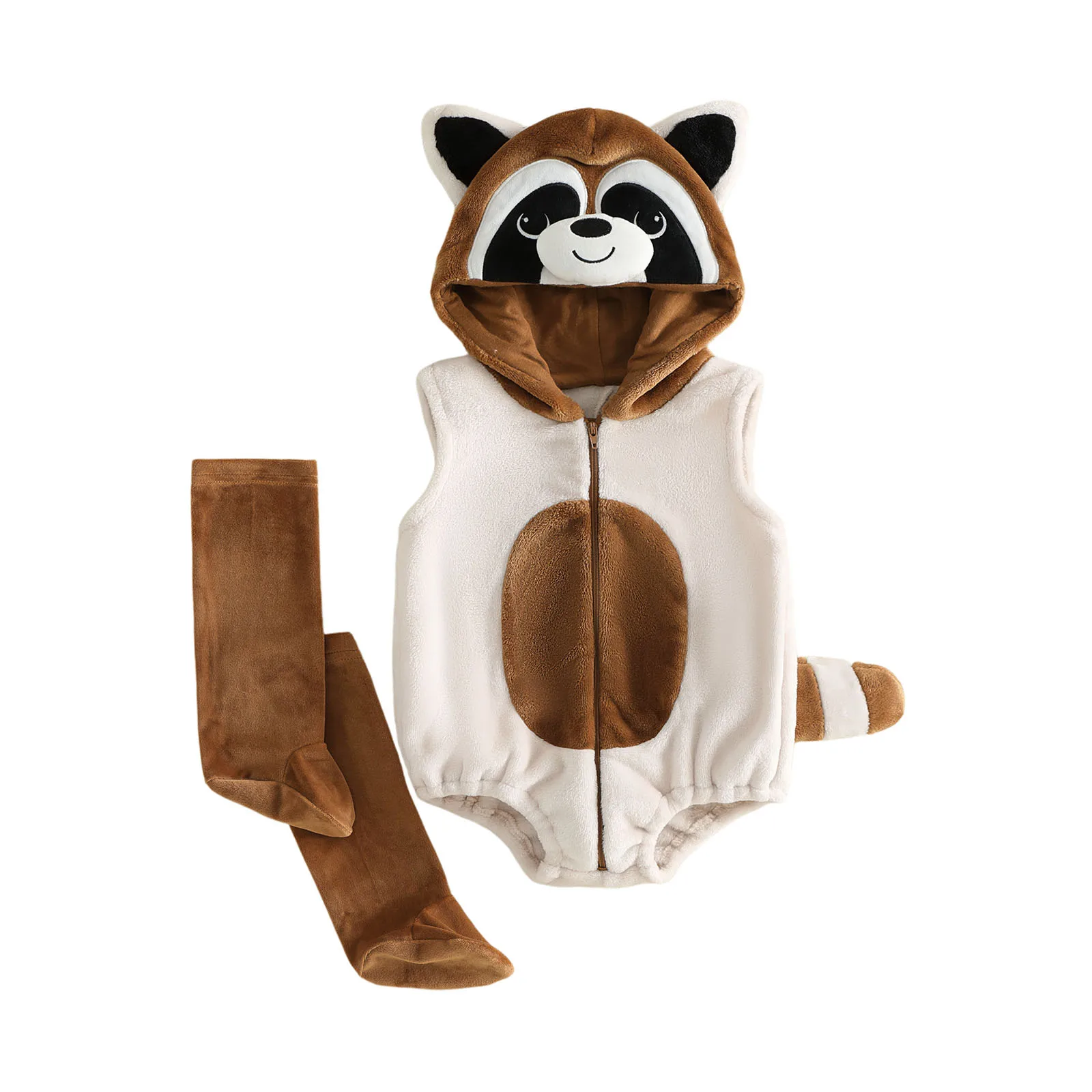 2027 Winter Fashion Toddler Baby Raccoon Costume with Stockings Set Warmer Fleece Sleeveless Hooded Romper