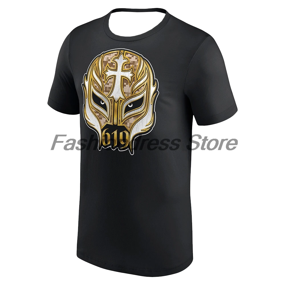 Men's Black Rey Mysterio 619 Gold Mask T-shirt Crewneck Short Sleeve Polyester Tee Women Outdoor Streetwear Tops