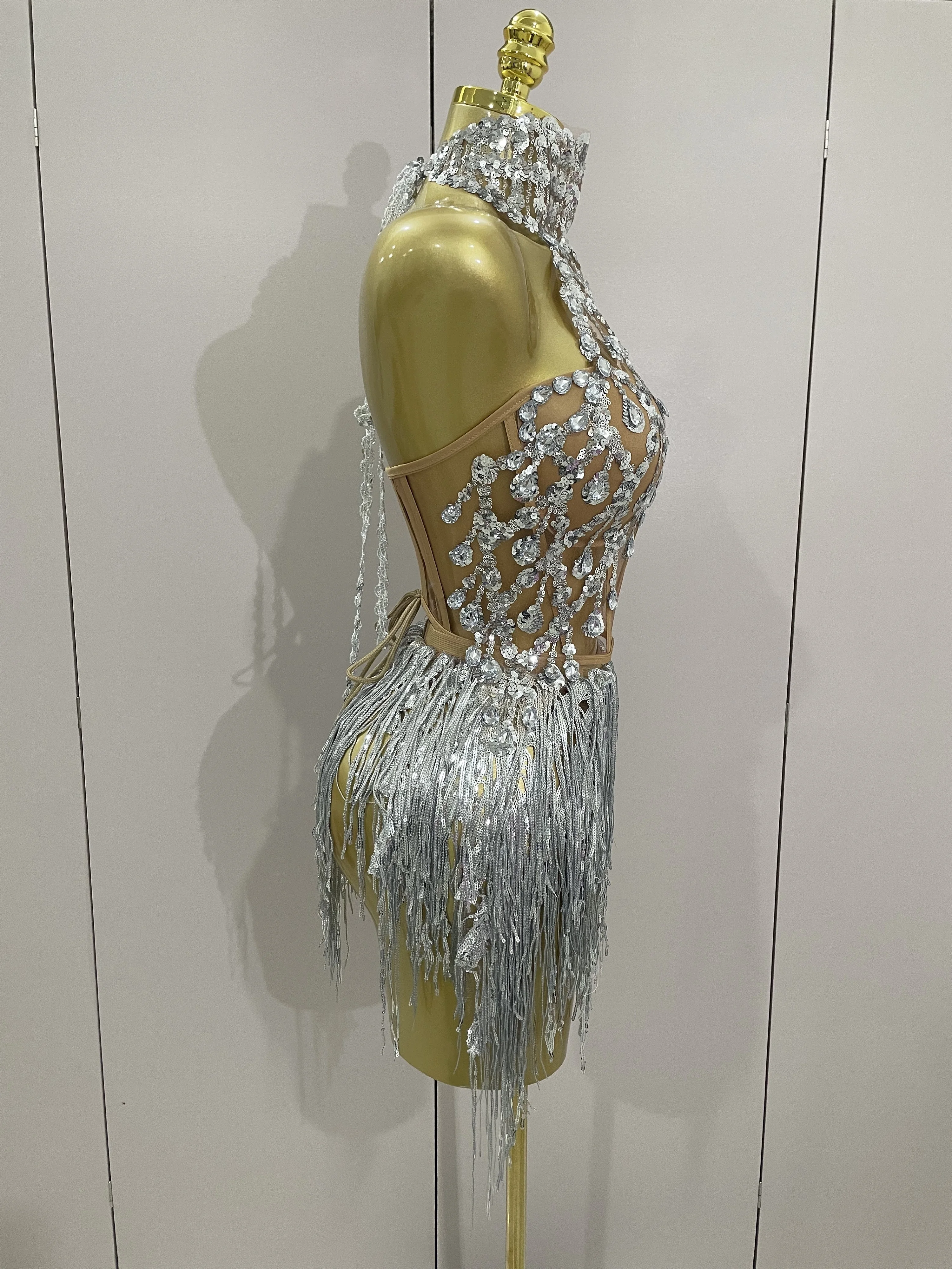 2025 Sexy Shining diamond Sequins Tassels 2 Pieces Set Mini Dress Women Evening Birthday Party Dress Nightclub DJ Stage Costume