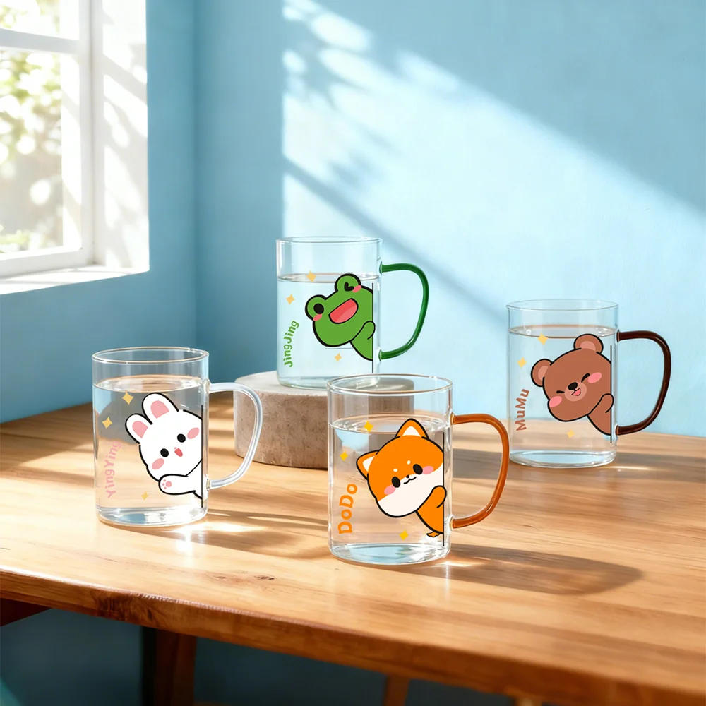 HeY LiLac 450ml Funny Cartoon Sticker High Borosilicate Heat-Resistant Glass Mug