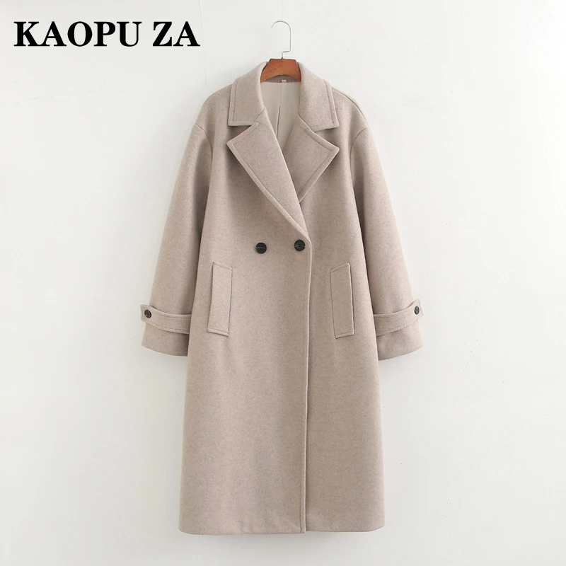 KAOPU ZA 2024 Winter Female Casual Long Sleeve Tweed Top Overcoat Chic Autumn Woman Beige Notched Collar Jacket Loose Fit Coat