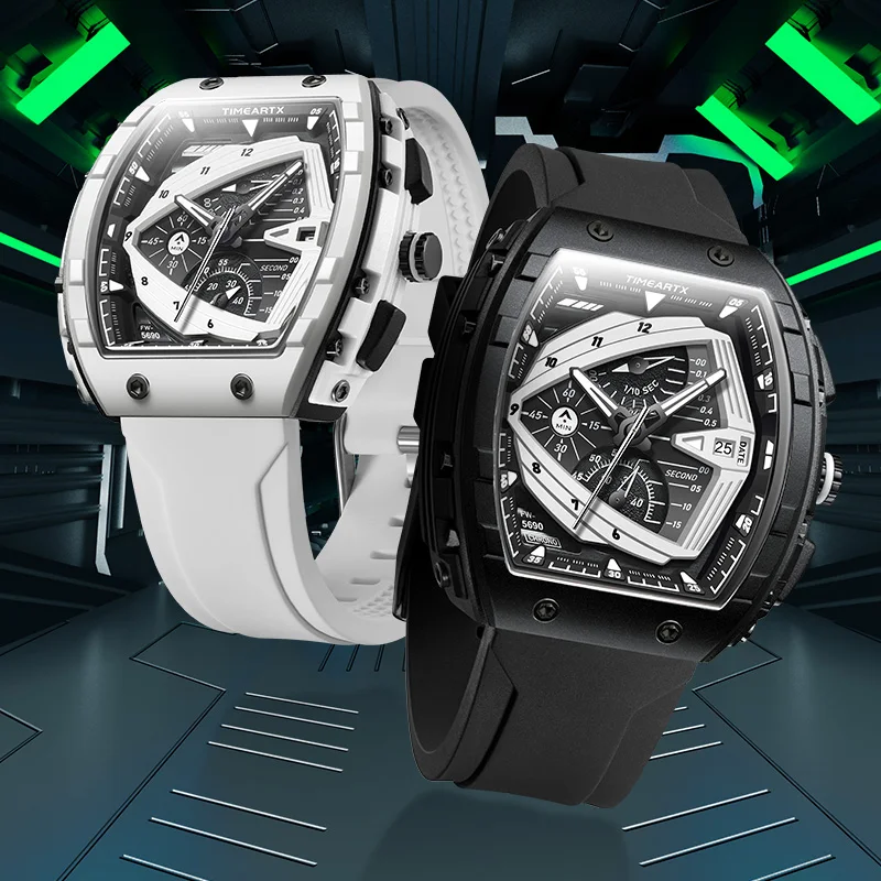 

Timeartx 5690, модный повседневный силиконовый ремешок, спортивные светящиеся автоматические часы Tonneau с большим циферблатом, мужские кварцевые часы с хронографом