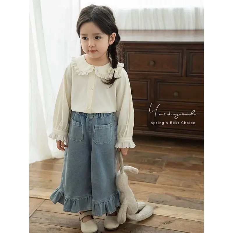Girls Spring and Autumn Solid Jeans Wide Leg Lotus Leaf Lace Casual Pants Trendy New Girls Straight Leg Denim Pant