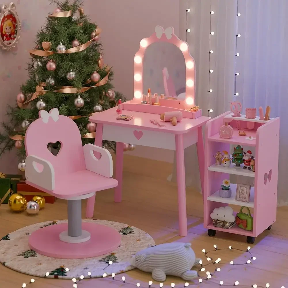 Pink Toddler Vanity Set with Light, Storage Shelf, and 7pc Hair Accessories for Play