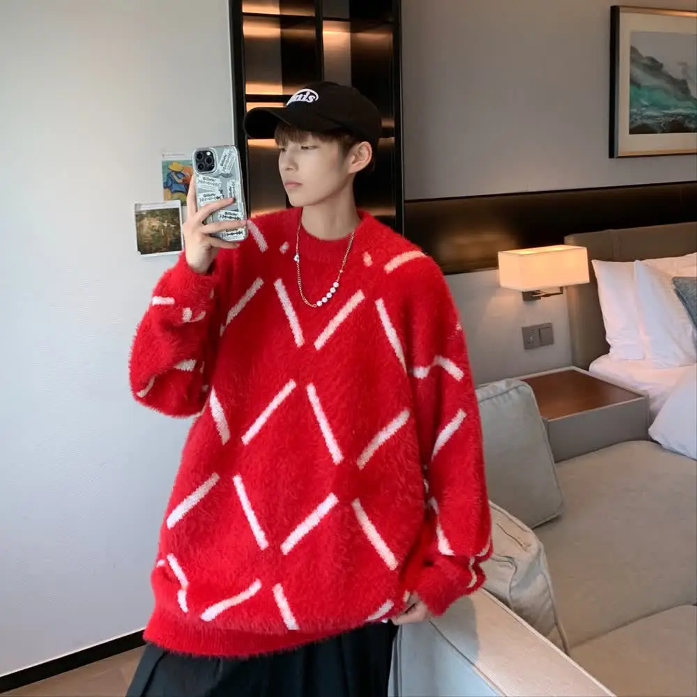 

Красный вязаный свитер из искусственного меха, мужское зимнее пальто, винтажное пальто прямого кроя из мягкого полиэстера, повседневное теплое цветное пальто для пар...