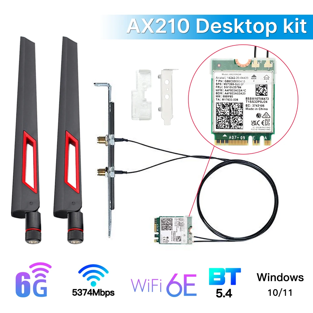 

Трехдиапазонная Wi-Fi 6E карта Intel AX210 Bluetooth 5.4 5374 Мбит/с M.2, беспроводная Wi-Fi карта AX210NGW 2.4G/5G/6G 802.11ax с комплектом антенн для Win11