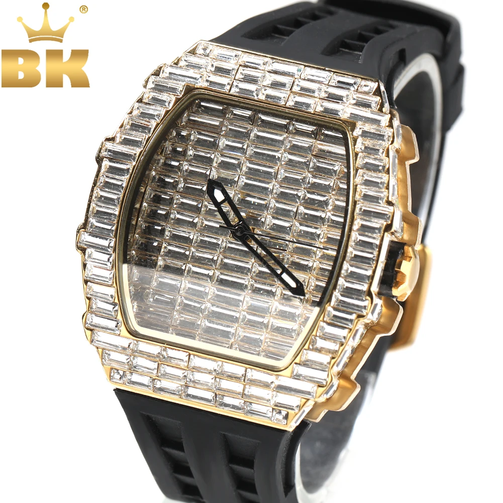 

TBTK Sqaure Dial Mechanical Watch Baguettestones Iced Out Wrist Watches With Black Belt For Men Women Fashion Gift