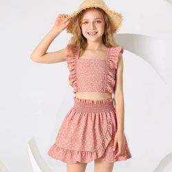 5-12 Years Cute Girl Red Flying Sleeve Square Collar Top & Red Skirt Fashion Sets Stylish Summer Vacation Party Daily Casual