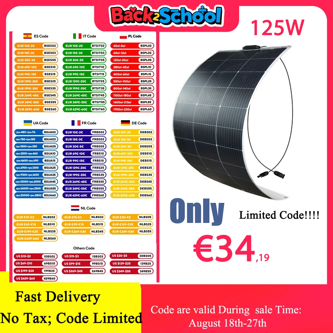 

125W 250W 375W 500W Flexible Solar Panel 18V Panel Solar Monocrystaillne Solar Cell 12V/24V Battery Charge 1000W Home System Kit