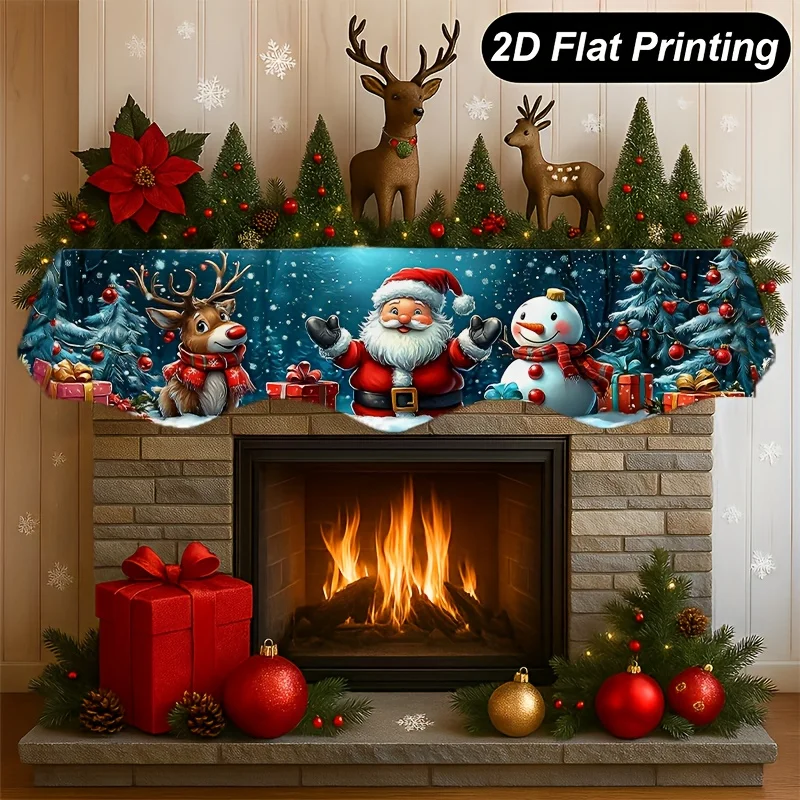 VIKAMA Christmas Fireplace Mantel Scarf Santa Snowman Reindeer Mantel Topper Snowy Xmas Home Holiday Party Decoration