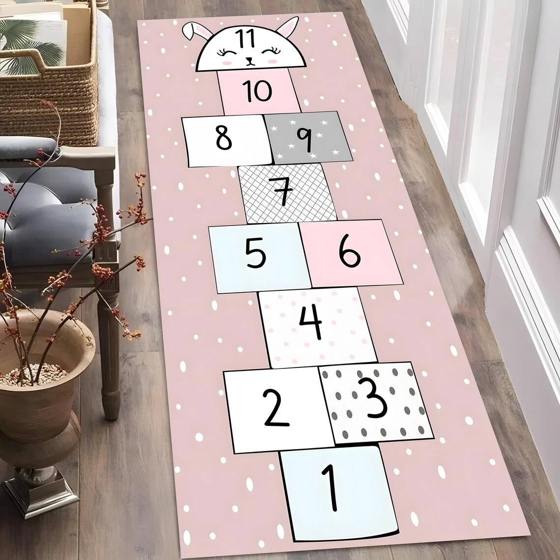 Kids Hopscotch Runner Rug Cute Bunny Numbers Game Play Mat Non-Slip Welcome Rug for Children Bedroom Playroom Nursery Carpet
