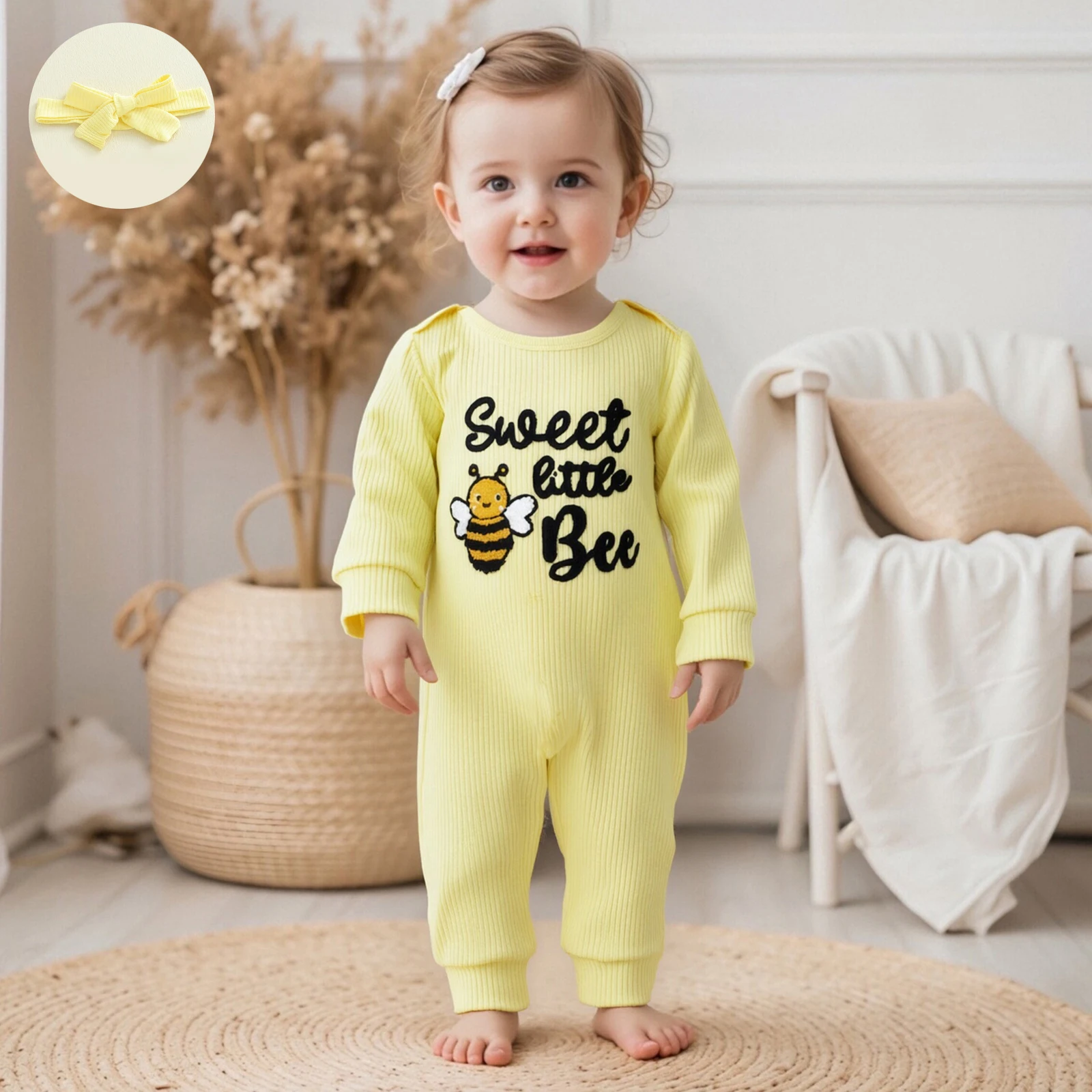 2026 جديد طفل رضيع الفتيات الخريف رومبير النحل إلكتروني التطريز طويلة الأكمام جولة الرقبة بذلة مع مجموعة عصابات رأس
