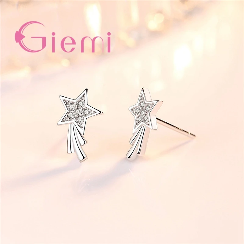 Genuine 925 Sterling Silver Dazzling Cubic Zirconia Meteor Style Amazing Attractive Women Boutique Stud Earrings Accessory
