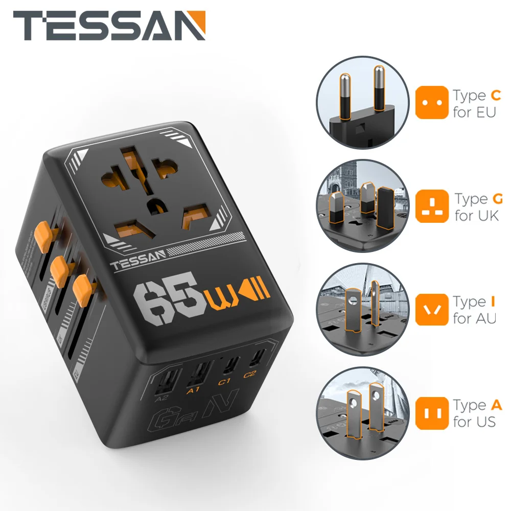 

TESSAN 35W/65W/100W GaN Universal Travel Adapter with USB Ports Type C Fast Charging Power Adapter EU/UK/USA/AUS Plug for Travel