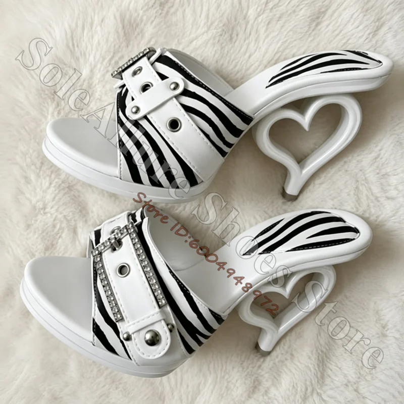 Retro Zebra Pattern Heart Shaped Hollow Heel Slide Sandals Women Open Toe Rhinestone Embellished Mules Slipon Novelty High Heel