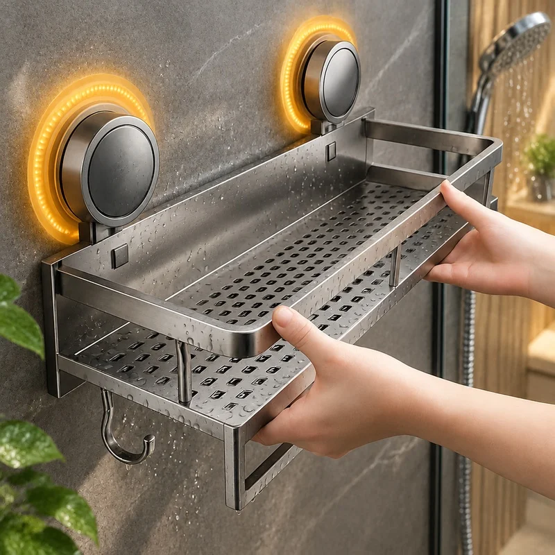 Wall-Mount Aluminum Bathroom Shelf with Strong Suction Cups, No-Drill Storage Rack for Shower and Toilet Organization