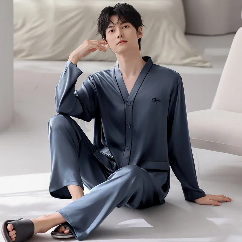 2026 Men Satin Sleepwear Set Spring Kimono Loungewear Ice Silk Long Sleeve Pajama Plus Size Casual Home Suit V Neck pyjama