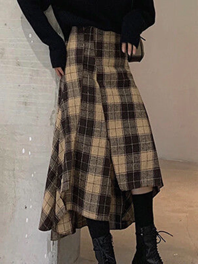 Plaid Long Skirts Women Vintage Irregular Woolen Midi Skirts Female Winter Warm High Waist Skirt Ladies Loose Retro A Line Skirt