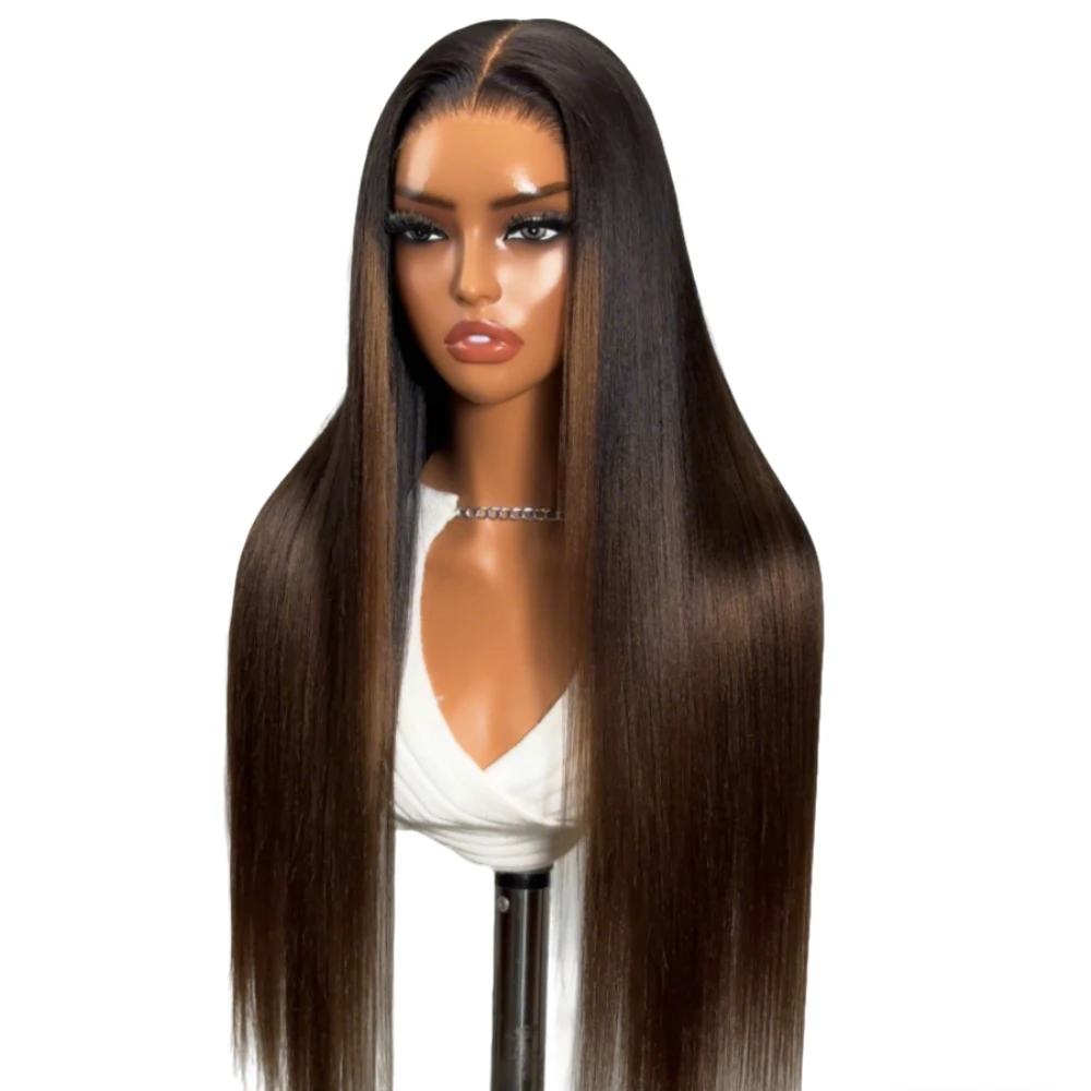 UNICE 7x5 & 13x4 Pre Cut Pre Gebleekte Lijmloze Pruiken Echt haar Trekkoord Cap Chesnut Bruin Ombre Yaki Rechte Pruik 150% Dichtheid - afbeelding 2