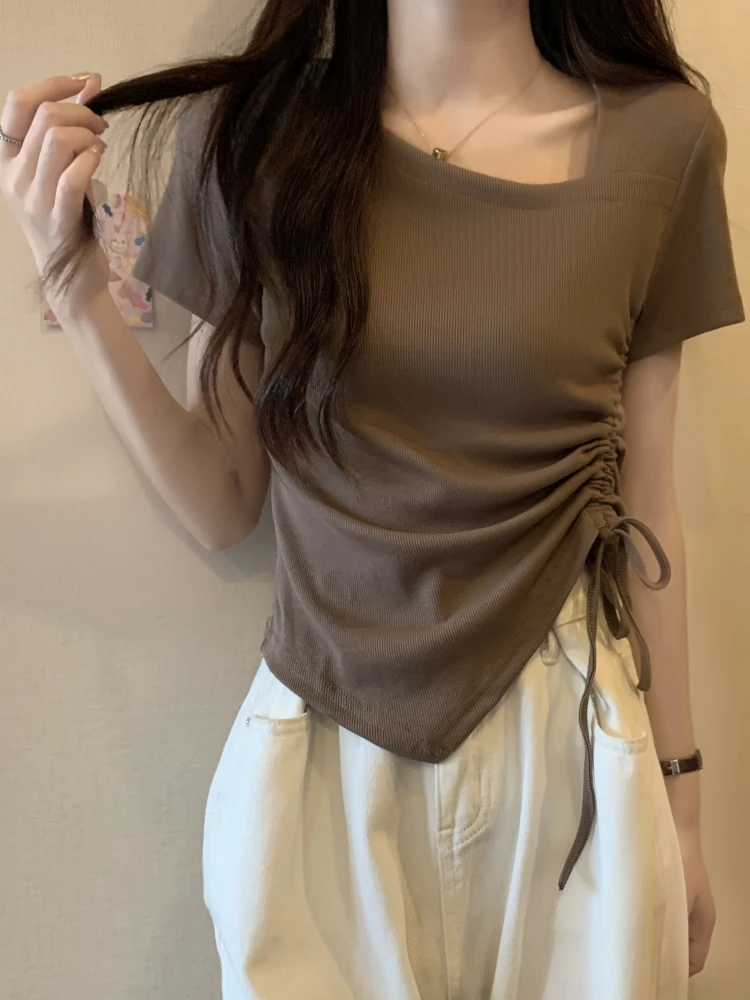 

Summer New plus Size Women's T-shirt Irregular Short Sleeve Drawstring Design Belly Covering Slimming Sweet And Spicy Top
