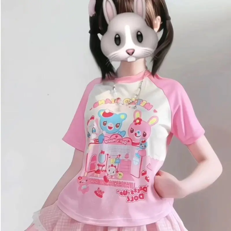 Summer New Color Blocking Loose All Match Cute Graphic T Shirts Japanese Cartoon Mp Jojifuku Women's Short-sleeved T-shirt