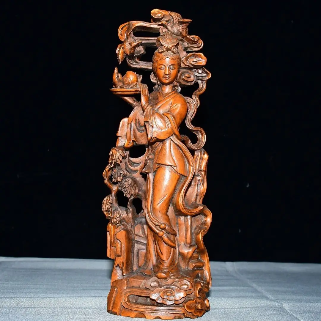 Hand Carved Wood Auspicious clouds fairy Female Immortal Offering Gift  Statue Figurine Desktop Ornaments Home Decoration
