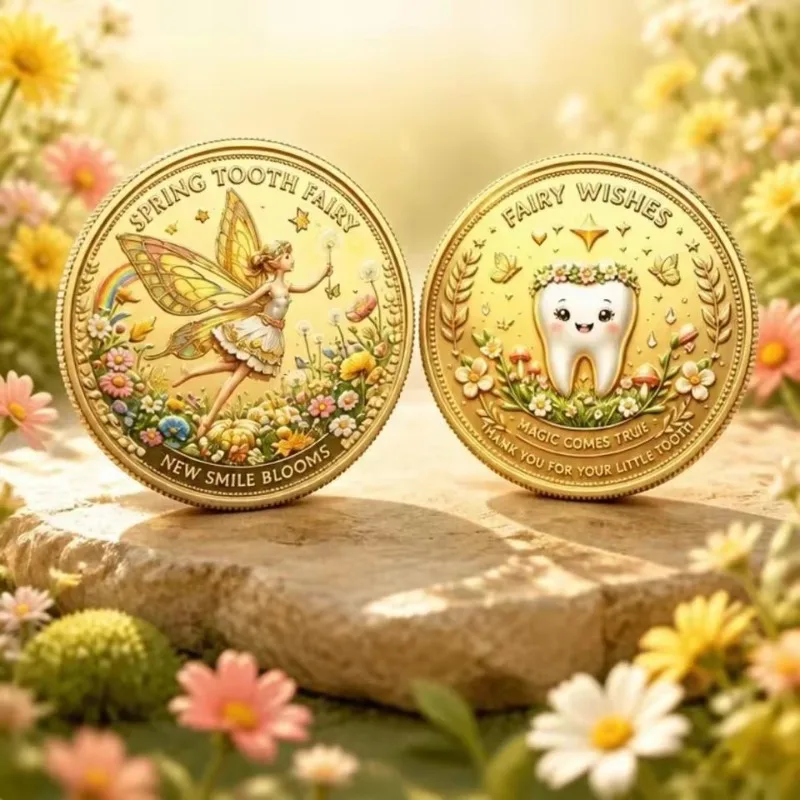 Spring Tooth Fairy Gold UV Printed Souvenir Coin Children's Tooth Replacement Surprise Gift Tooth Fairy Wishes Collection Coins