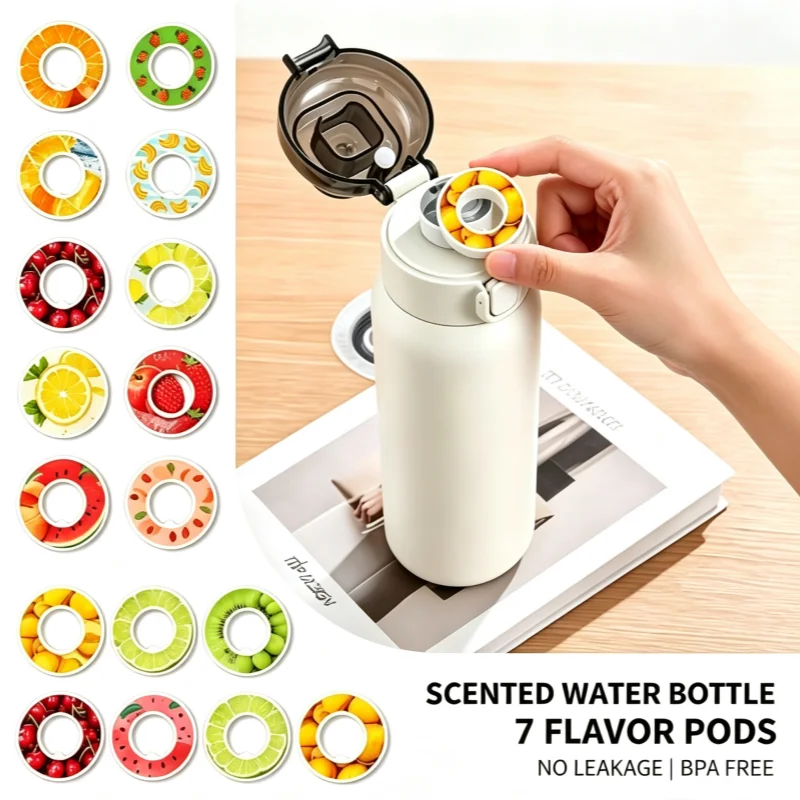 304 Stainless Steel Sports Insulated Bottle With 7pcs Fruit Flavor Pods Portable Water Cup For Fitness Gym Outdoor Activity