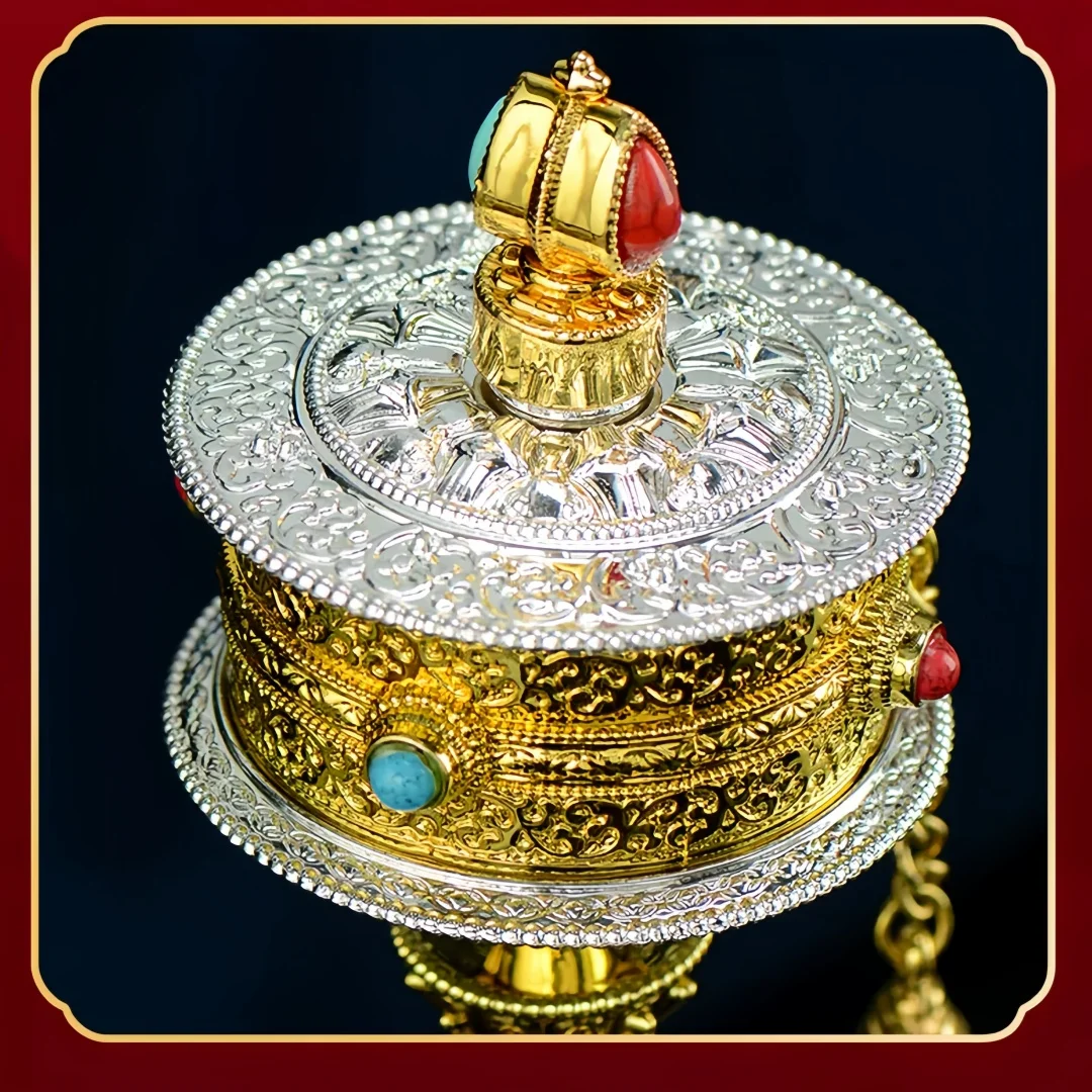 Tibetan Golden Hand Held Prayer Wheel Inlaid Red Green Stone Wooden Handle Cylinder Altar Tool