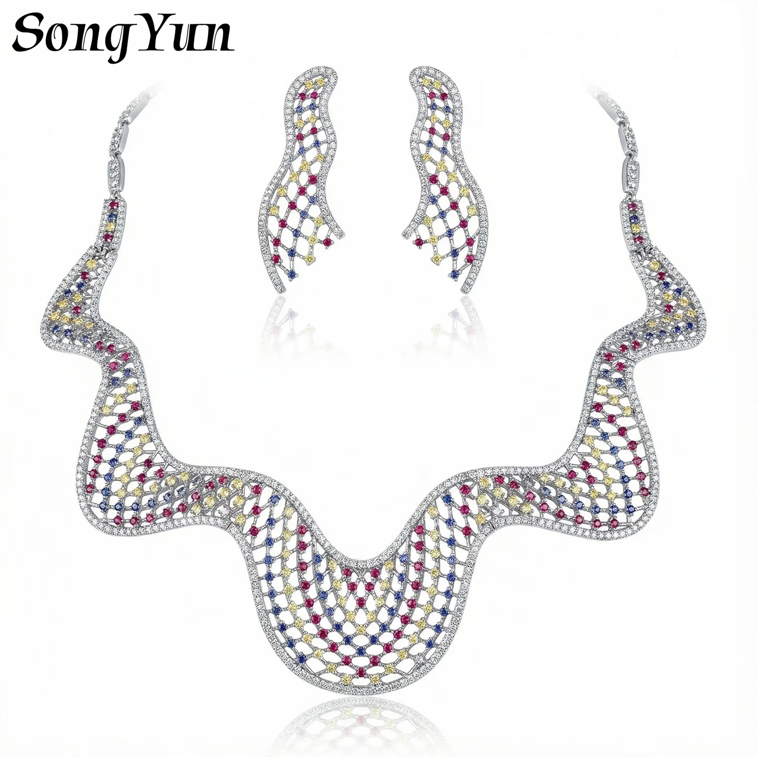 

Bride Wedding Party Silver Plated Wave-Shaped Multi-Color Zircon Jewelry Necklace Earrings Sets Exquisite Mesh Inlay Jewelry Set