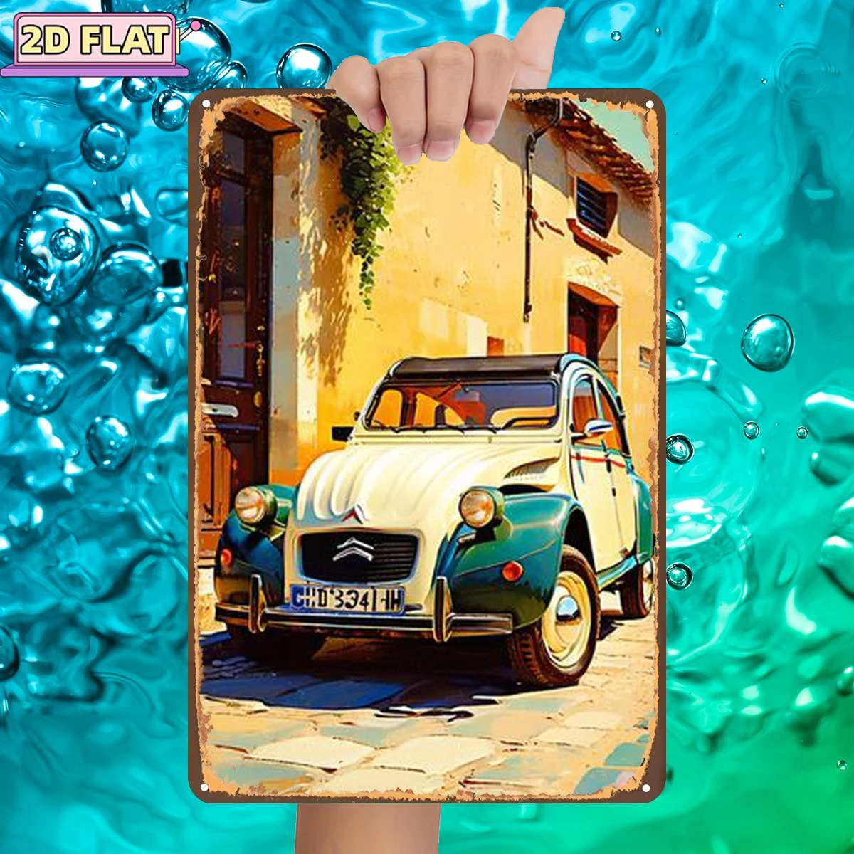 2D Flat Decorative Sign, 1 Piece, Vintage 2Cv Car Parked in a Charming European Alley, Metal Iron Sign, Size (8X12/ 20cm * 30cm), Decorative Art/Room/Dining Room/Bar/Door/Garage Decoration.