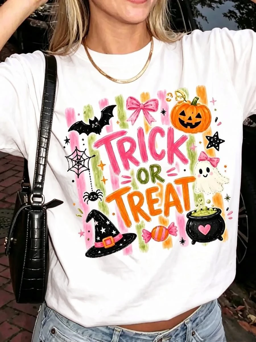 Women's Retro Pink Trick or Treat Print Tee Coquette Aesthetic Varsity Style Halloween Fall Casual Short Sleeve O-Neck Women Top