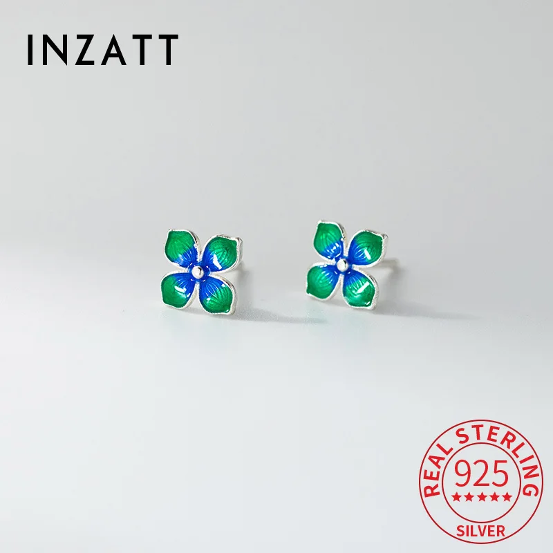 

INZATT Real 925 Sterling Silver Green Enamel Plant Stud Earrings for Women Cute Fine Jewelry Light Luxury Accessory