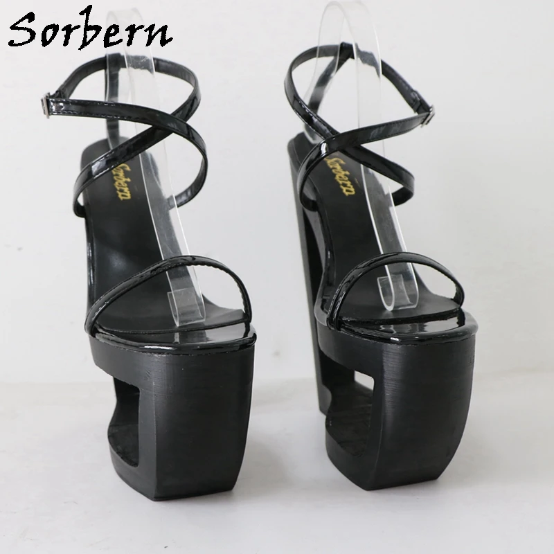 Sorbern Schwarz Cross Strap Sandalen Aushöhlen Keil Heels Slingback Sommer Schuhe Fretwok Heels Sissy Boy Abend Party Schuhe