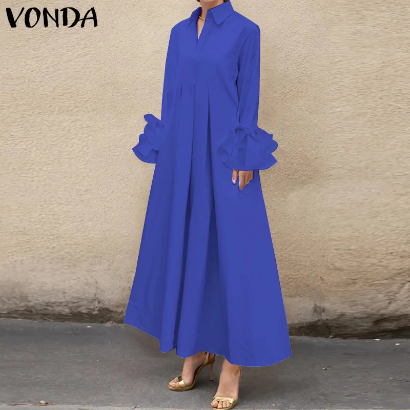 Plus Size 5XL VONDA Women Elegant Shirt Dress Ruffle Pleated Maxi Long Dress 2025 Casual Loose Solid Sundress Long Sleeve Robe