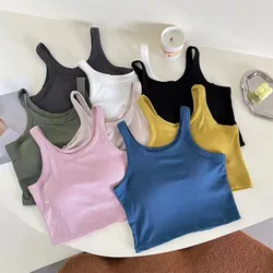 Ribbed Knitted Backless Crop Top Women Sexy Slim Casual Basics Solid Sports Tank Tops With Built in Bra Pad Vest Gym Workout Top