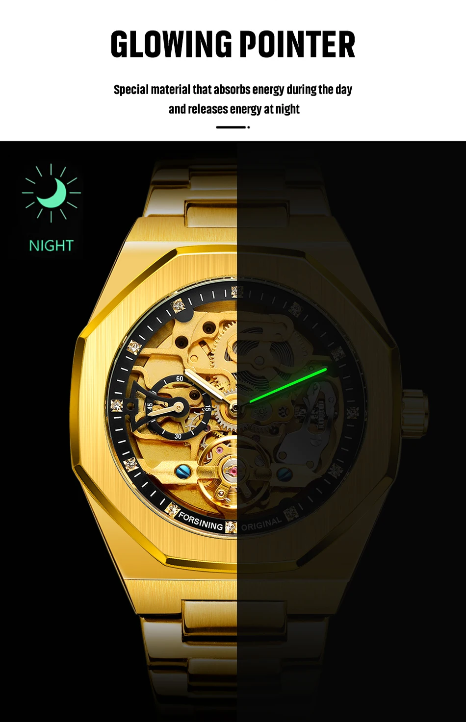 Forsining relógio masculino polígono moderno, esqueleto de strass, relógio mecânico automático, aço inoxidável, formal, homem de negócios, relógio de pulso