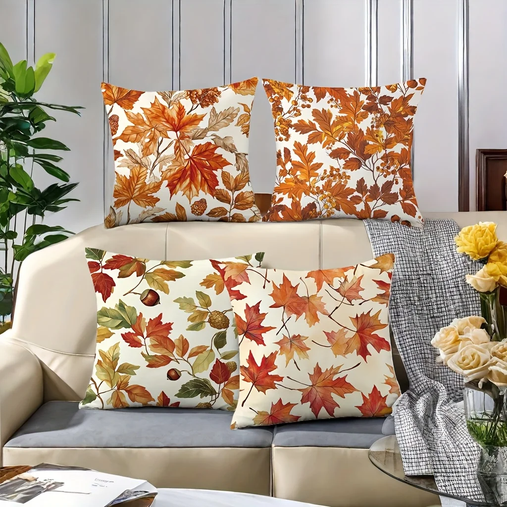 Rustic Autumn Foliage Leaf Print Pillow Covers Set of 4 Pieces 40x40cm Fall Seasonal Home Decor Accent Cushions for Bedroom Thro
