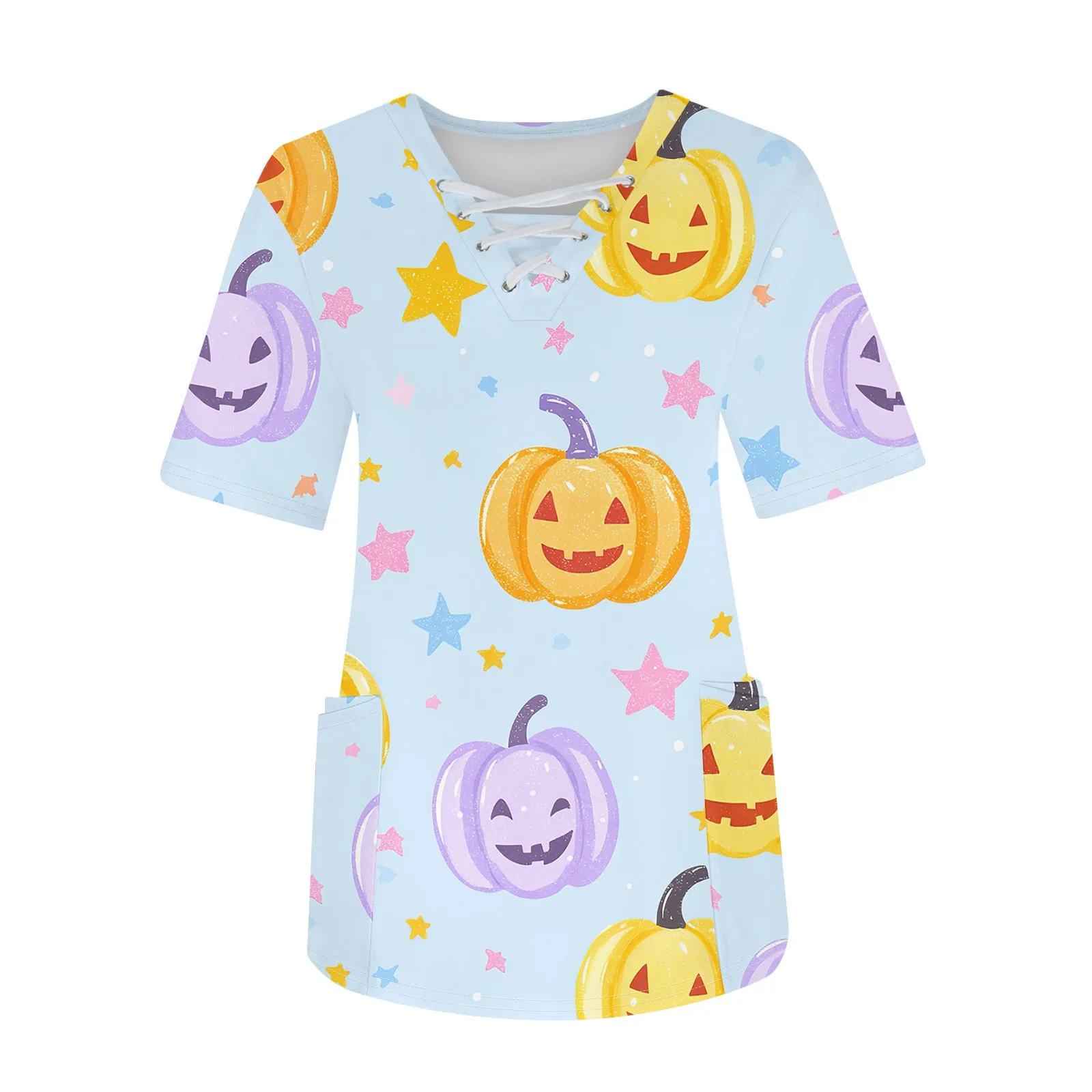 Halloween Print Nurse Uniform Women Short Sleeve V-Neck Tops Healthcare Tunic Pocket Blouse Overalls Female Uniforme Clinico