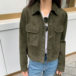 2023 Women New Genuine Sheepskin Leather Workwear Casual Kid Suede Lambskin Jacket E46