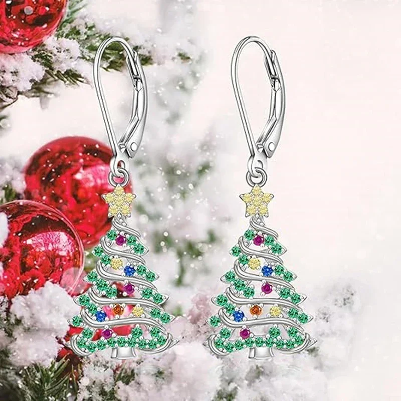 Huitan Christmas Tree Women Drop Earrings Inlaid Multiple Colors Shining Cubic Zirconia for Party Accessories Charming Jewelry