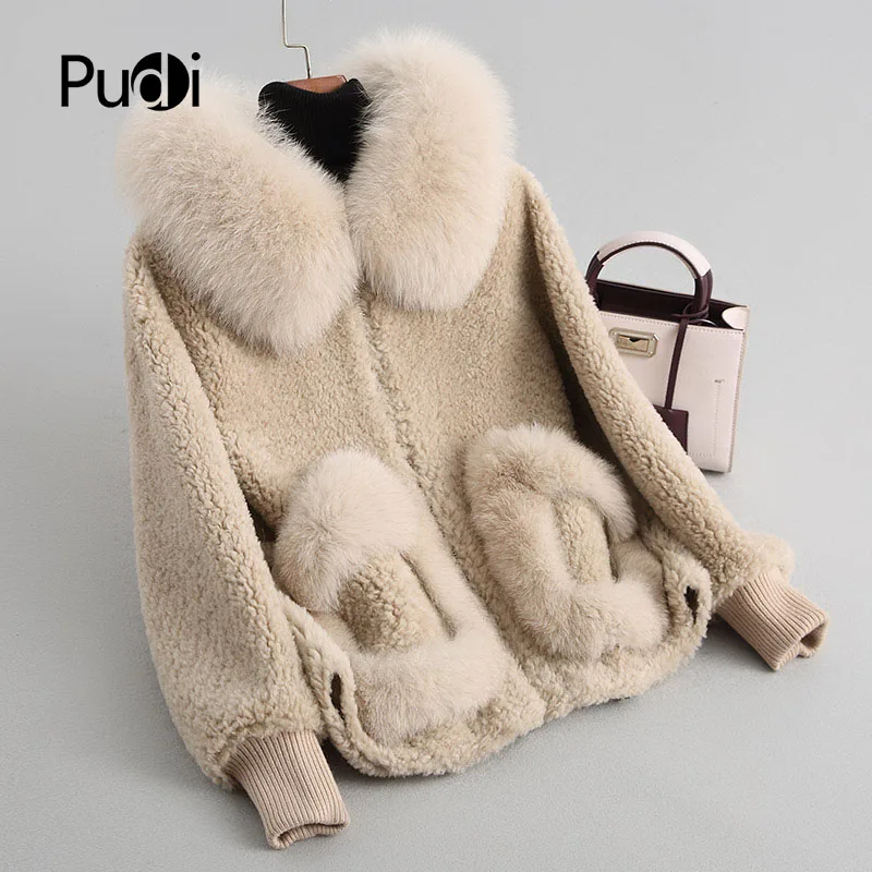 PUDI A18103 Women\'s Winter Wool Warm Real Fox Fur Hood Coat Lady Real Wool Long Coat Jacket Overcoat